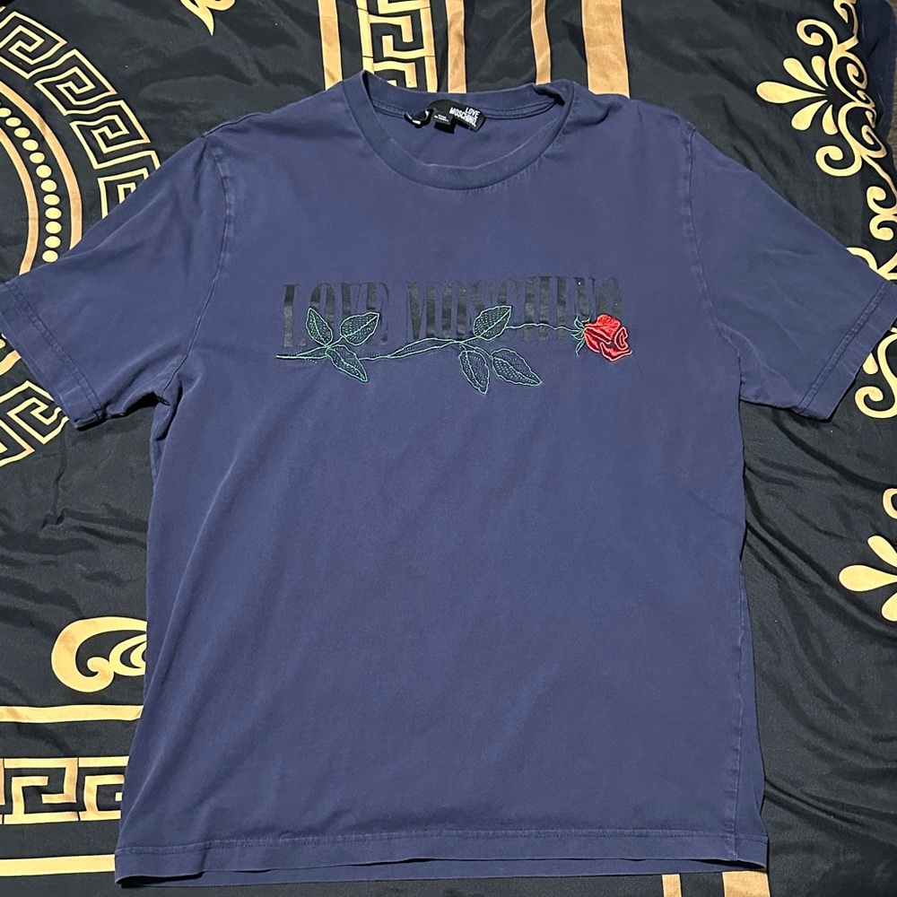 Love Moschino Blue Tee with Rose and Leaf Design